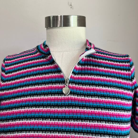Y2K Vintage Striped Ribbed Cropped Half Zip Heart Charm Juniors Size L (12-14) - Picture 7 of 9